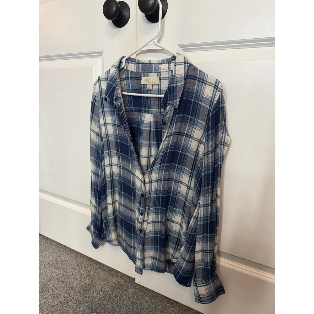 Olive & Oak Blue Plaid Flannel Button Up Shirt Womens Size Medium